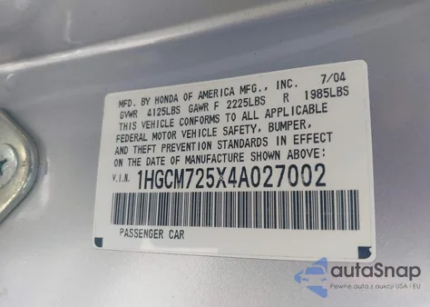 2004 Honda Accord 2.4 Ex z USA, uszkodzony, nr VIN 1HGCM725X4A027002